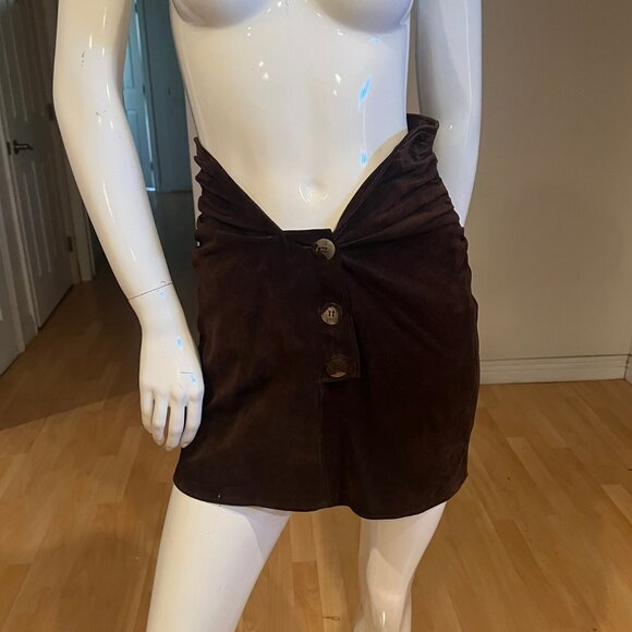 VINTAGE SUEDE BUTTON RUCHED WAIST MINI SKIRT SIZE 2 - Picture 1 of 3